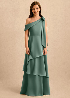 Azazie Shyloh Girls Formal Robe Demoiselle D'honneur Fillette Robe Trapèze en Satin extensible Épaule décolletée Eucalyptus image6