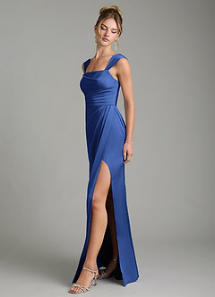 Azazie Filippa Bridesmaid Dresses Royal Blue A-Line Pleated Stretch Satin Dress image4