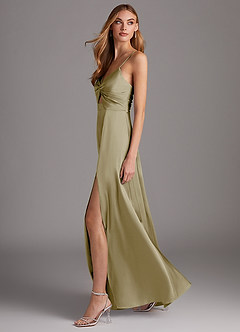 Azazie Jenna Bridesmaid Dresses Moss Green A-Line Pleated Stretch Satin Dress image3