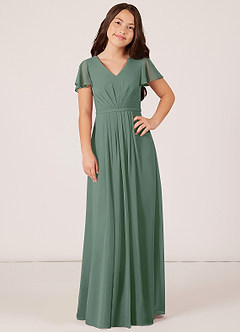 Azazie Peony Junior Eucalyptus A-Line Pleated Chiffon Dress image1