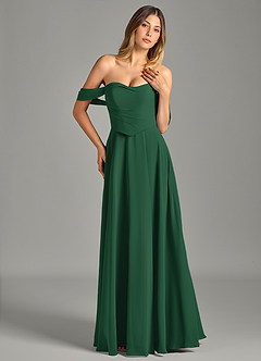 Azazie Chelsey Abiti da Damigella Abito Convertibile A-Line in Chiffon a Spalla Scoperta Verde Scuro image4