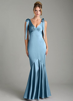 Azazie Alena Bridesmaid Dresses Steel Blue Mermaid Pleated Stretch Satin Dress image1