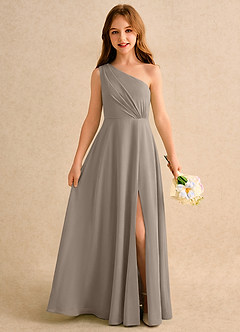 Azazie Puddles Girls Formal Robe Demoiselle D'honneur Fillette Robe Trapèze en Mousseline de soie Une épaule Taupe image1