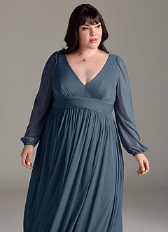 Azazie Norah Bridesmaid Dresses Neptune A-Line V-Neck Long Sleeve Chiffon Dress image12