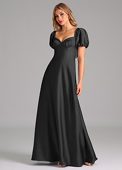 Azazie Fatima Bridesmaid Dresses Black A-Line Pleated Stretch Satin Dress image4