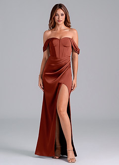 Azazie Asha Bridesmaid Dresses Terracotta Sheath Off the Shoulder Stretch Satin Convertible Dress image1