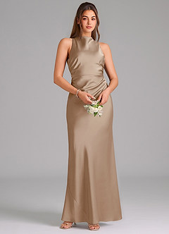 Azazie Evadne Bridesmaid Dresses Taupe A-Line Pleated Stretch Satin Dress image6