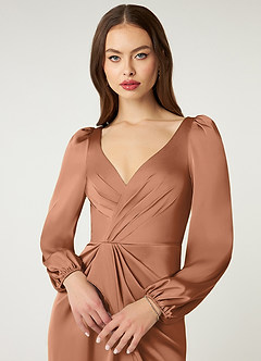 Azazie Mel Bridesmaid Dresses Bronzer Sheath Long Sleeve Stretch Satin Dress image5