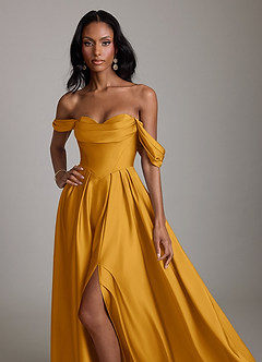 Azazie Loisa Abiti da Damigella Abito A-Line in Raso Elasticizzato a Spalla Scoperta Caramello image5