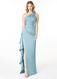 Azazie Latrice Bridesmaid Dresses Moody Blue Sheath One Shoulder Cascading Ruffles Stretch Satin Dress image1