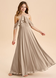 Azazie Tessabelle Junior Taupe A-Line Off the Shoulder Chiffon Dress image4