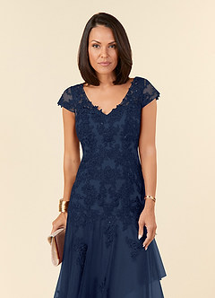 Azazie Romy vestidos de madre de la novia Vestido de Azul Marino Oscuro de Tul de Sirena con Cuello en V Lentejuelas image5
