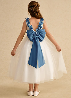 Azazie Lilli Flower Girl Dresses Ivory Steel Blue A-Line Bow Tulle Dress image2