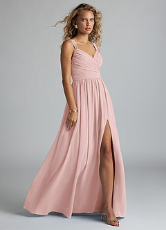 Azazie Aziza Bridesmaid Dresses Powder Pink A-Line V-Neck Pleated Chiffon Dress image3