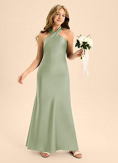 Azazie Doretta Junior Vestido de Salvia Polvorienta de Satén Elástico de Corte En A con Plisado image5