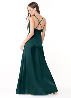 Azazie Naomie Bridesmaid Dresses Pine A-Line Cowl Neckline Side Slit Stretch Satin Dress image2