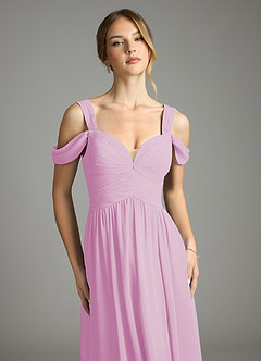 Azazie Lianne Bridesmaid Dresses Candy Pink A-Line Off the Shoulder Chiffon Dress image3