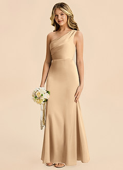 Azazie Ren Junior Champagne A-Line Pleated Stretch Satin Dress image2