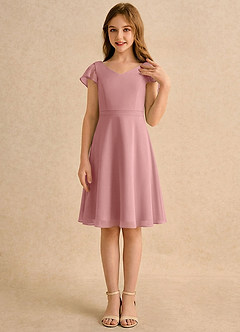 Azazie Narin Girls Formal Robe Demoiselle D'honneur Fillette Robe Trapèze en Mousseline de soie avec manches Rose Poussiéreuse image4