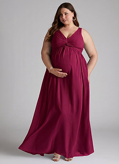 Azazie Yetta Maternity Bridesmaid Dresses A-Line V-Neck Gathered Chiffon Floor-Length Dress image7