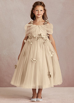 Azazie Shaylee Flower Girl Dresses Champagne A-Line Off the Shoulder Tulle Dress image3