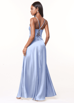 Azazie Maksim Brautjungfernkleider A-Linie V-Hals Stretch-Satin Kleid Eis image2