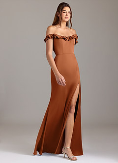 Azazie Callie Bridesmaid Dresses Copper A-Line Ruched Stretch Satin Convertible Dress image6