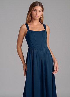 Azazie Rosaline At-home Try On Dresses Dark Navy A-Line Side Slit Stretch Satin Dress image6