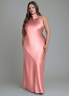 Azazie Velli Bridesmaid Dresses Rosette Sheath High Neck Metallic Satin Dress image7