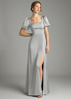 Azazie Fyona Bridesmaid Dresses Silver A-Line Pleated Stretch Satin Dress image3