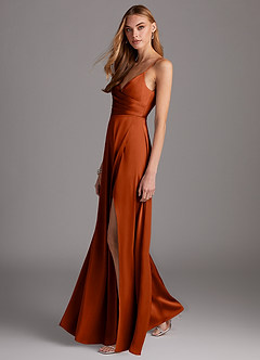 Azazie Calissa Bridesmaid Dresses Paprika A-Line V-Neck Pleated Stretch Satin Dress image4