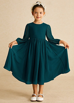 Azazie Lolo Robe Demoiselle D'honneur Fillette Robe Trapèze en Mousseline de soie avec manches Vert Pin image3