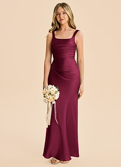 Azazie Agustina Junior Burgundy Sheath Pleated Stretch Satin Dress image4
