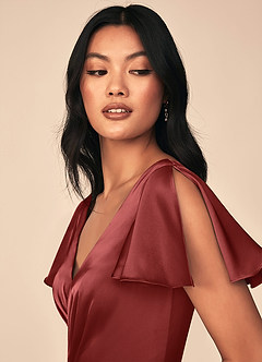 Azazie Soren Bridesmaid Dresses Terracotta A-Line Pleated Stretch Satin Dress image6