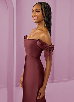 Barbie ♥ Azazie Bridesmaid Dresses Merlot Sheath Off the Shoulder Stretch Satin Convertible Dress image12