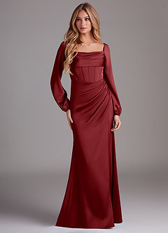 Azazie Charissa Robes de demoiselle d'honneur Robe Fourreau en Satin extensible Manche longue Grenade image3