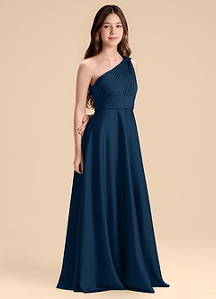 Azazie Charlize Junior Dark Navy A-Line Pleated Stretch Satin Dress image3