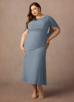 Azazie Bellona Mother of the Bride Dresses Dusty Blue Sheath Boatneck Luxe Knit Dress image8