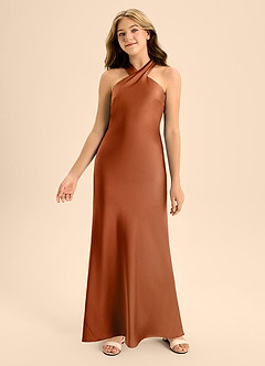 Azazie Doretta Junior Vestido Cobre de Cetim elástico de Linha A com Plissado image4