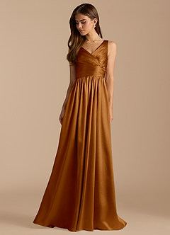Azazie Keyla Bridesmaid Dresses Copper A-Line Pleated Metallic Satin Dress image3