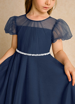 Azazie Duckie Flower Girl Dresses Dark Navy Ball-Gown Pleated Tulle Dress image6