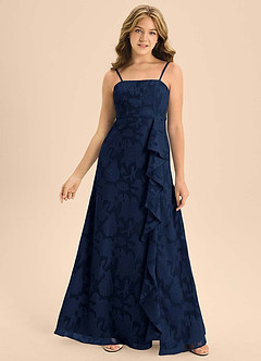 Azazie Kaylee Junior Dark Navy A-Line with Belt Floral Burnout Dress image1