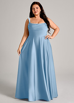 Azazie Shaude Bridesmaid Dresses Powder Blue A-Line Pleated Stretch Satin Dress image11