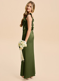 Azazie Jessamine Junior Olive A-Line Ruched Stretch Satin Dress image3