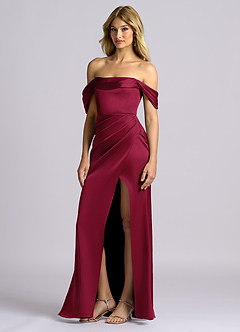 Azazie Auden Bridesmaid Dresses Burgundy Sheath Off the Shoulder Stretch Satin Convertible Dress image4