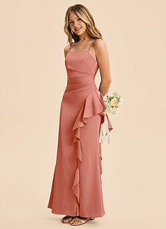 Azazie Lyla Junior Salmon Pink Mermaid Pleated Stretch Satin Dress image1
