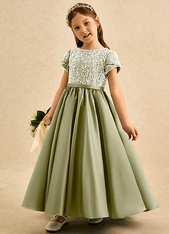 Azazie Cashew Flower Girl Dresses Moss Green Ball-Gown with Sleeves Matte Satin Dress image3