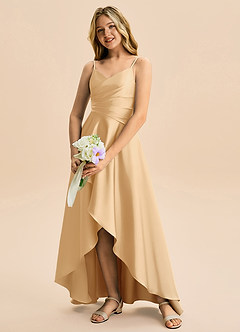 Azazie Eirlys Junior Vestido Ouro de Cetim elástico de Linha A com Plissado image4