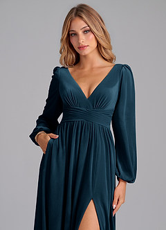 Azazie Norah Bridesmaid Dresses Blue Topaz A-Line Long Sleeve Velvet Dress image2
