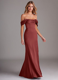 Azazie Saige Bridesmaid Dresses Terracotta Sheath Off the Shoulder Stretch Satin Dress image6